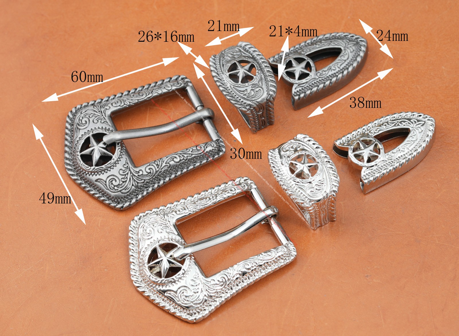 25MM Western Texas Star Leathercraft Belt Buckle Set 3-Piece Filigree Engraved