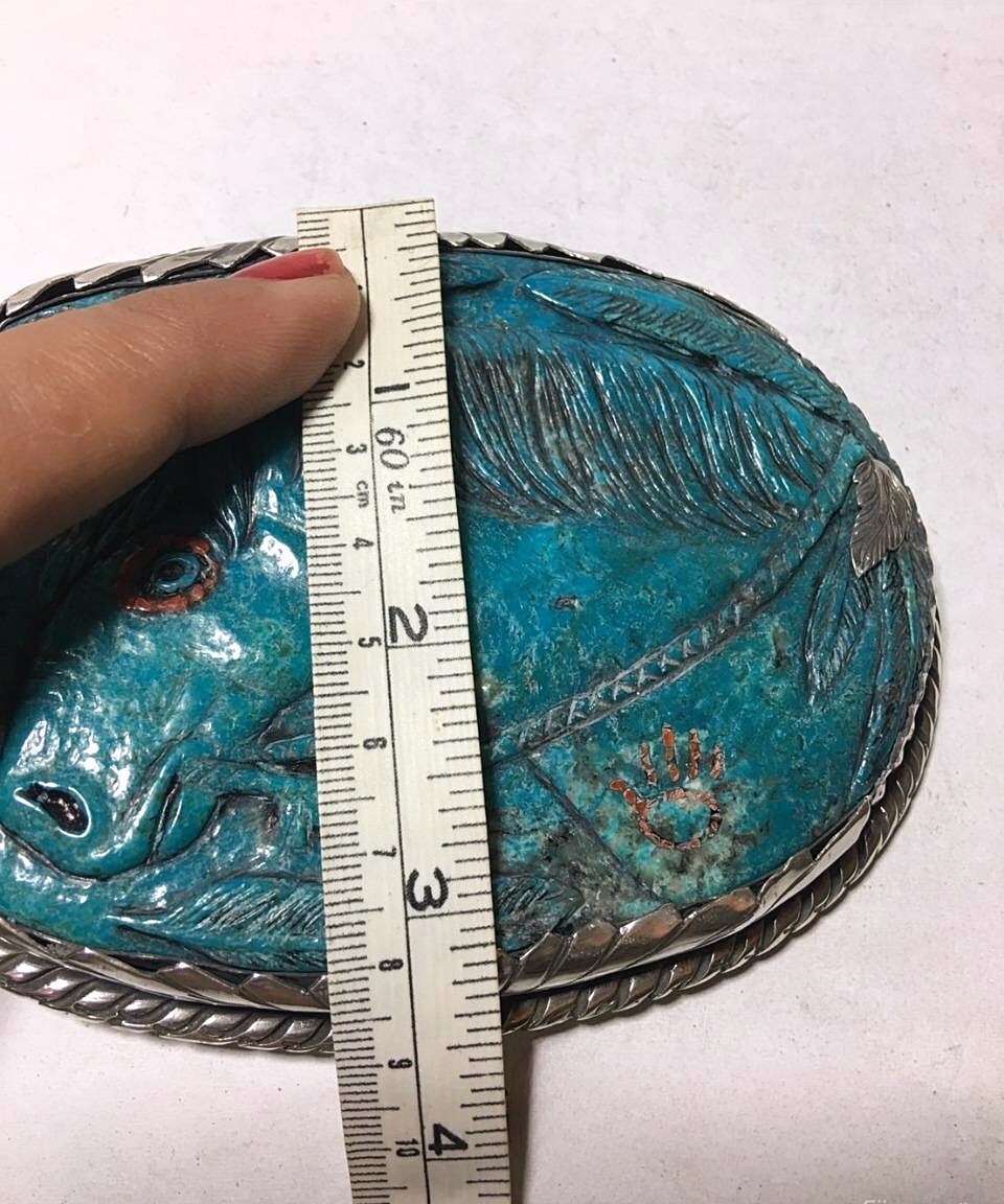 American Vintage Horse Design Sterling Silver Turquoise Coral Belt Buckle
