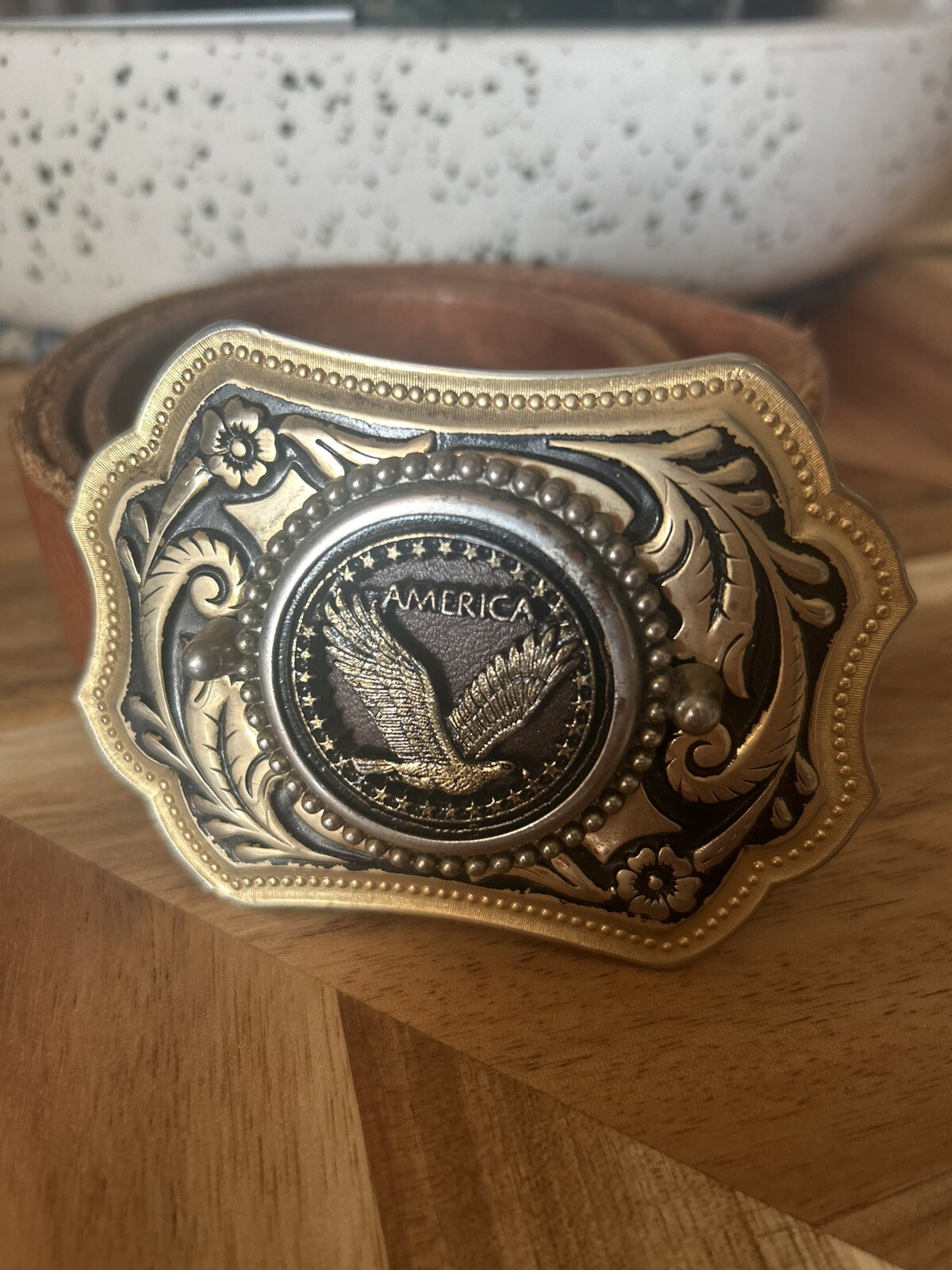 Vintage Brown Tooled Leather Belt with Bald Eagle Belt Buckle Silver Gold 38&Prime;