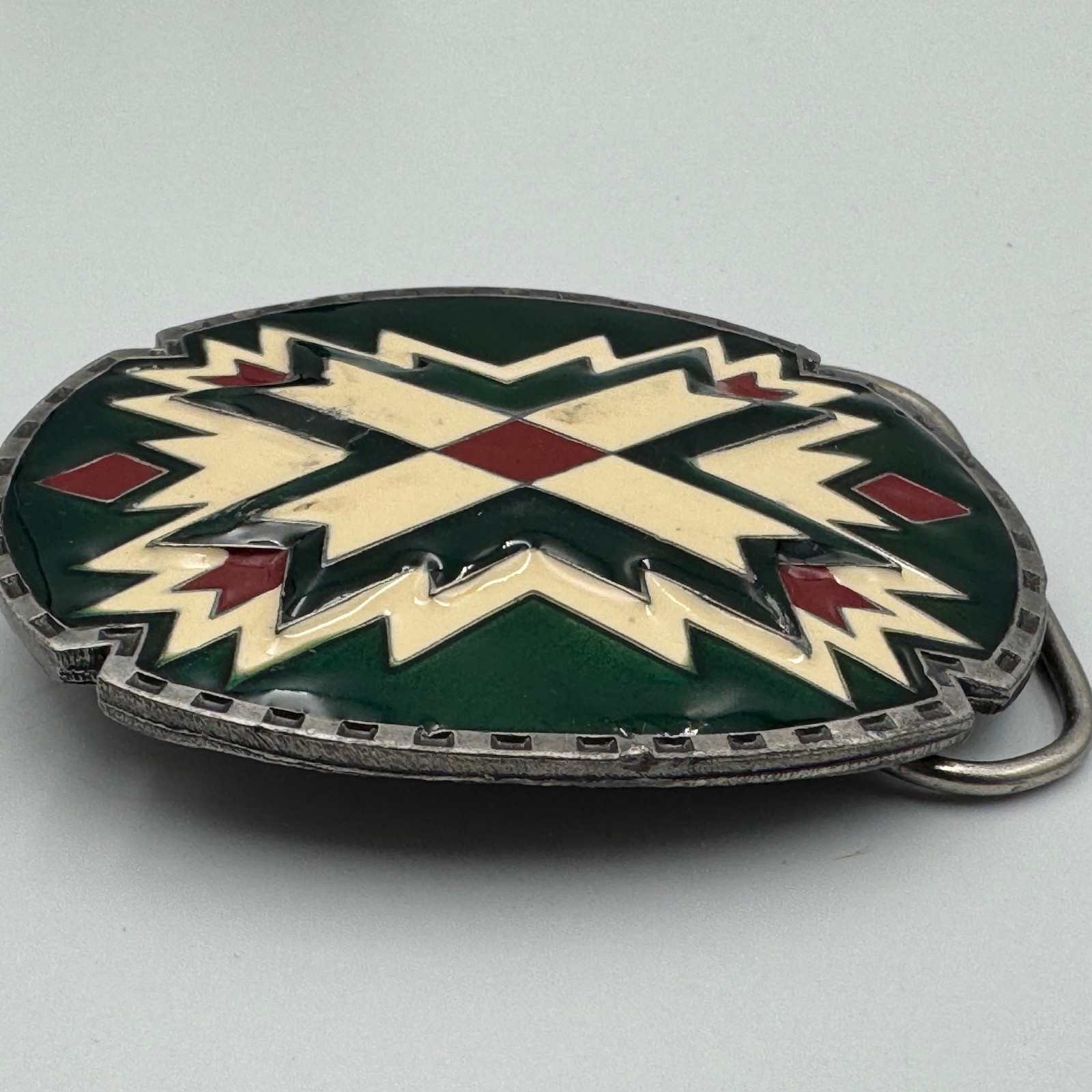 Vintage 1988 Siskiyou Buckle Co Green Enamel Southwestern Belt Buckle J-89 USA