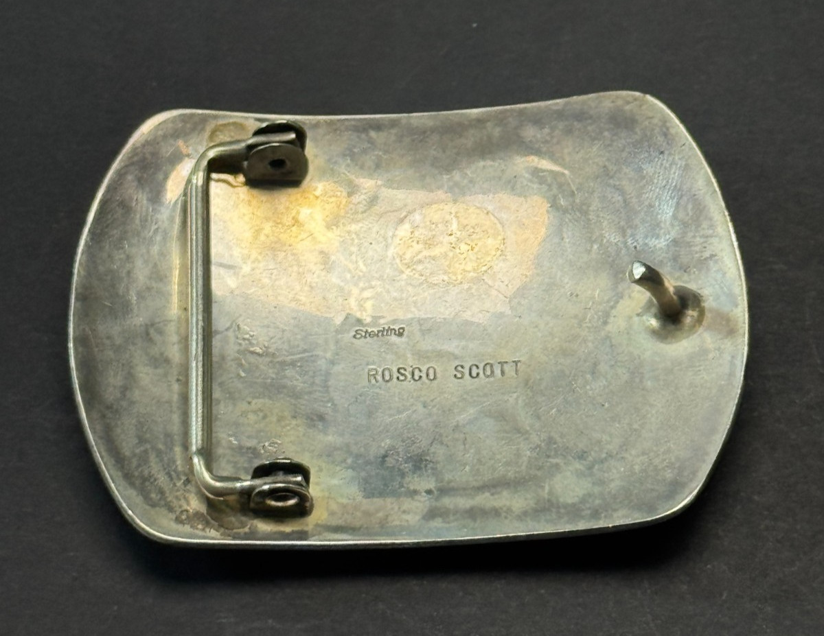 ROSCO SCOTT VINTAGE STERLING SILVER OVERLAY DEER BELT BUCKLE