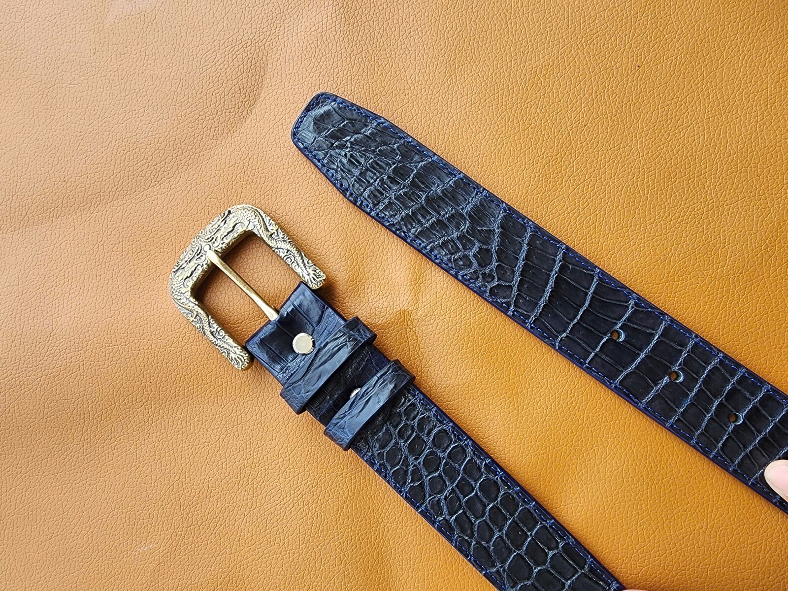 3.8CM Navy Blue 100% Genuine Leather Skin Men Belt Buckle- Handmade