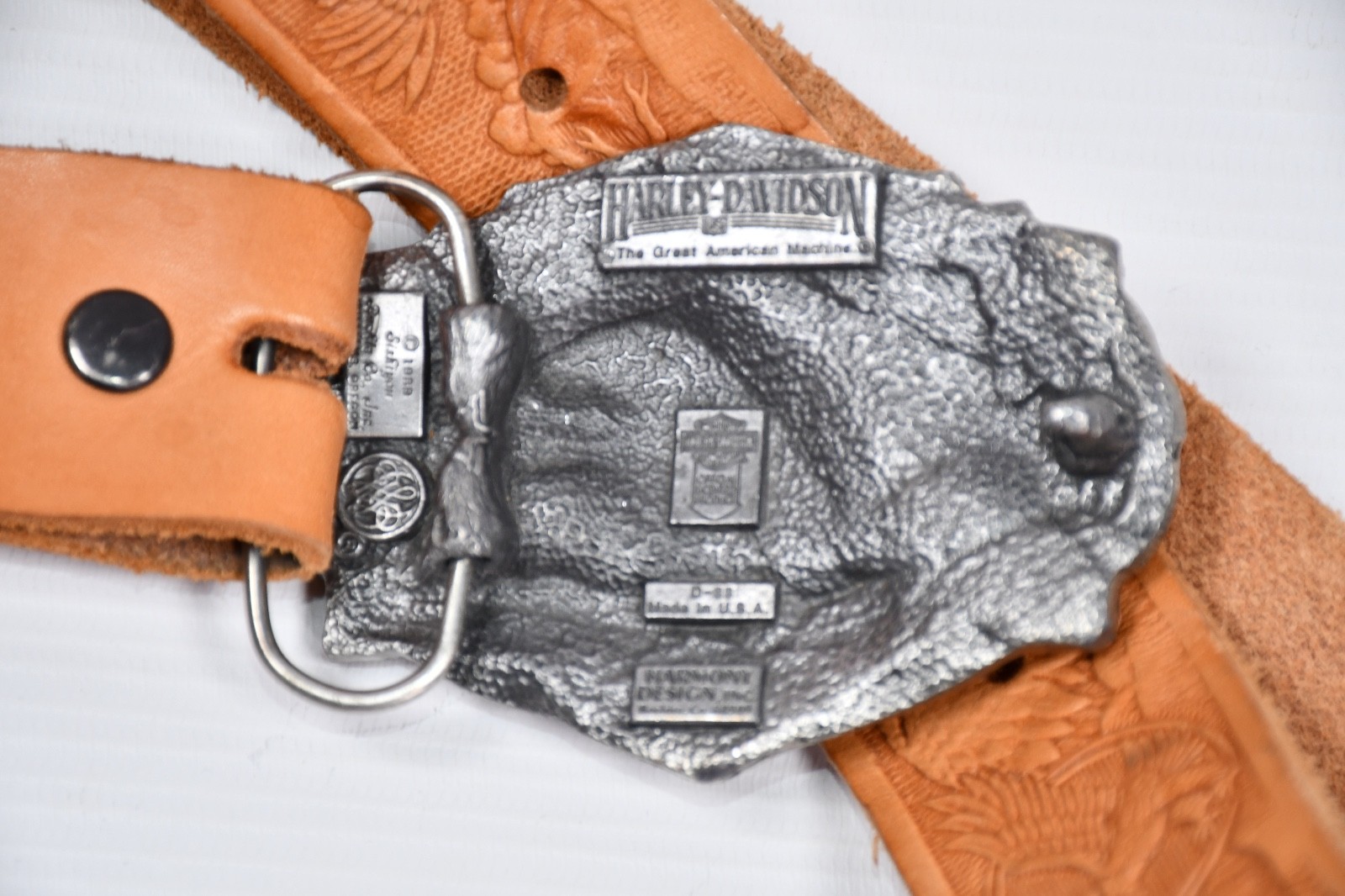 Vintage 80s Harley Davidson Belt Buckle Eagle Made in USA + Eagles Leather Belt