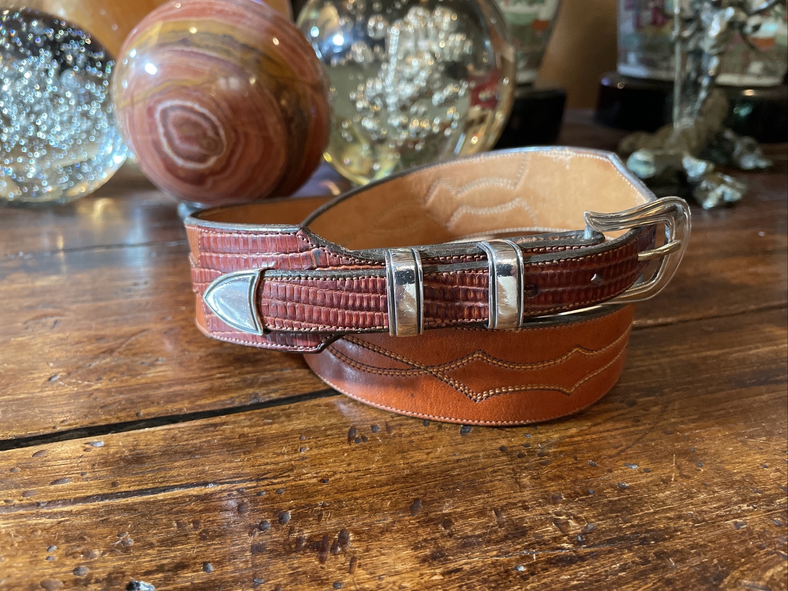 Chacon James Reid style Sterling Silver Belt Buckle Set Western 🦎🐂 31-33”✅