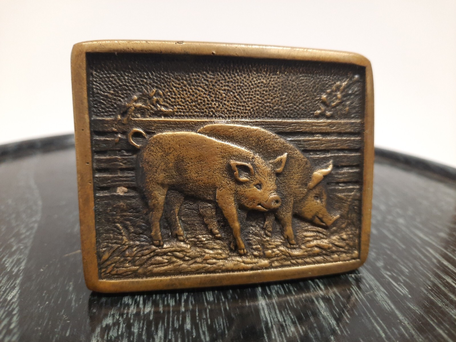 Belt Buckle Solid Brass Hogs Pigs Farmer – BTS, 1978 – Made In USA – 3” X 2.25”