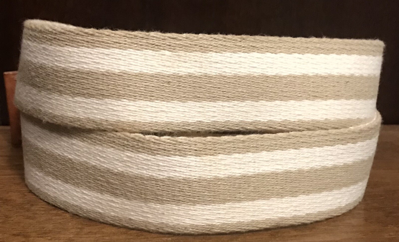 Banana Republic White/ Tan Striped Canvas Italian Leather Belt M 41”overall GUC