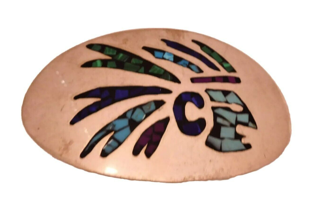 Native American Headdress Belt Buckle Turquoise Coral Inlay Mexico Vintage