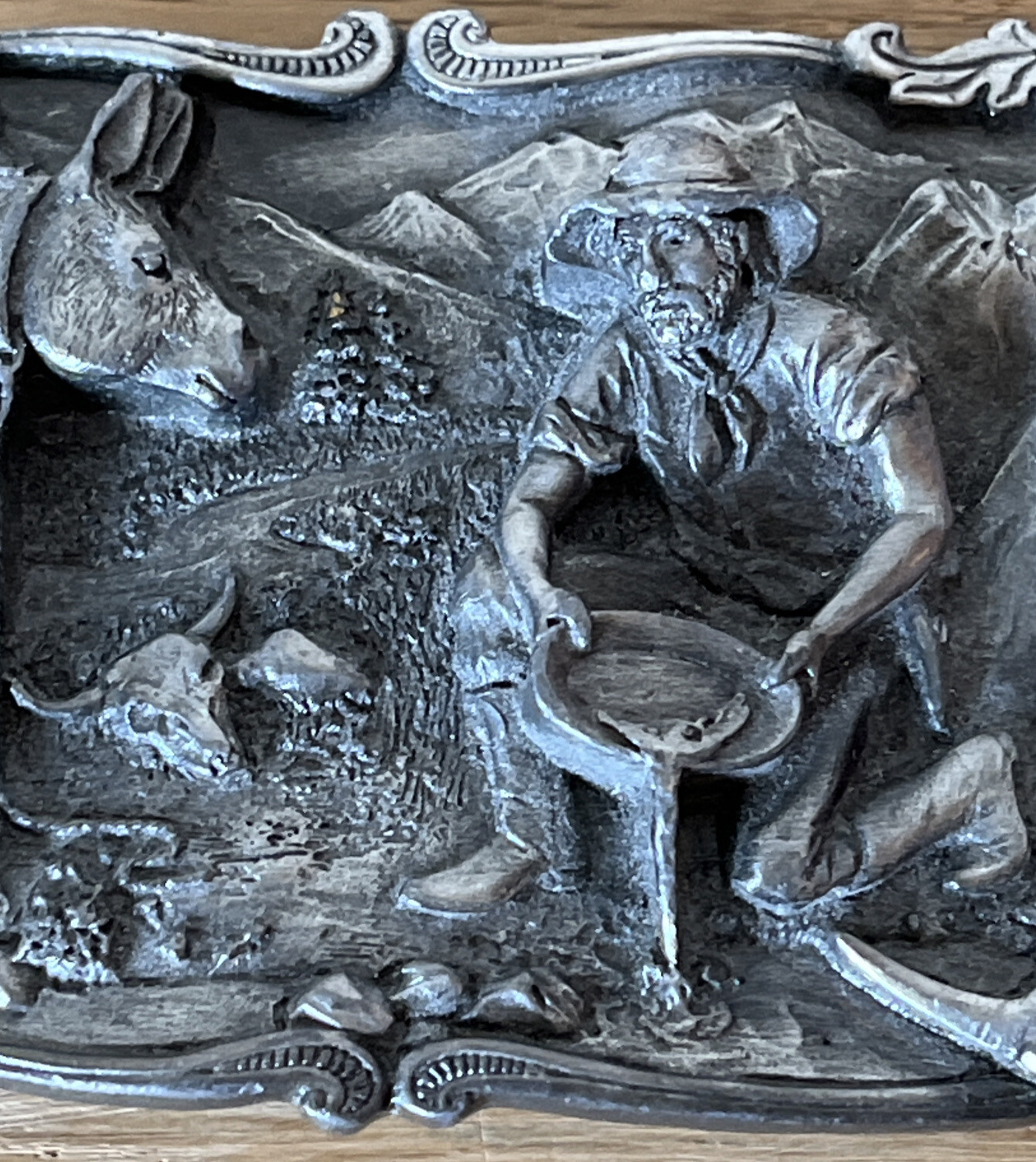 Vintage Pewter 3D Belt Buckle Arroyo Grande Buckle Co. 1981 Gold Mining Panning