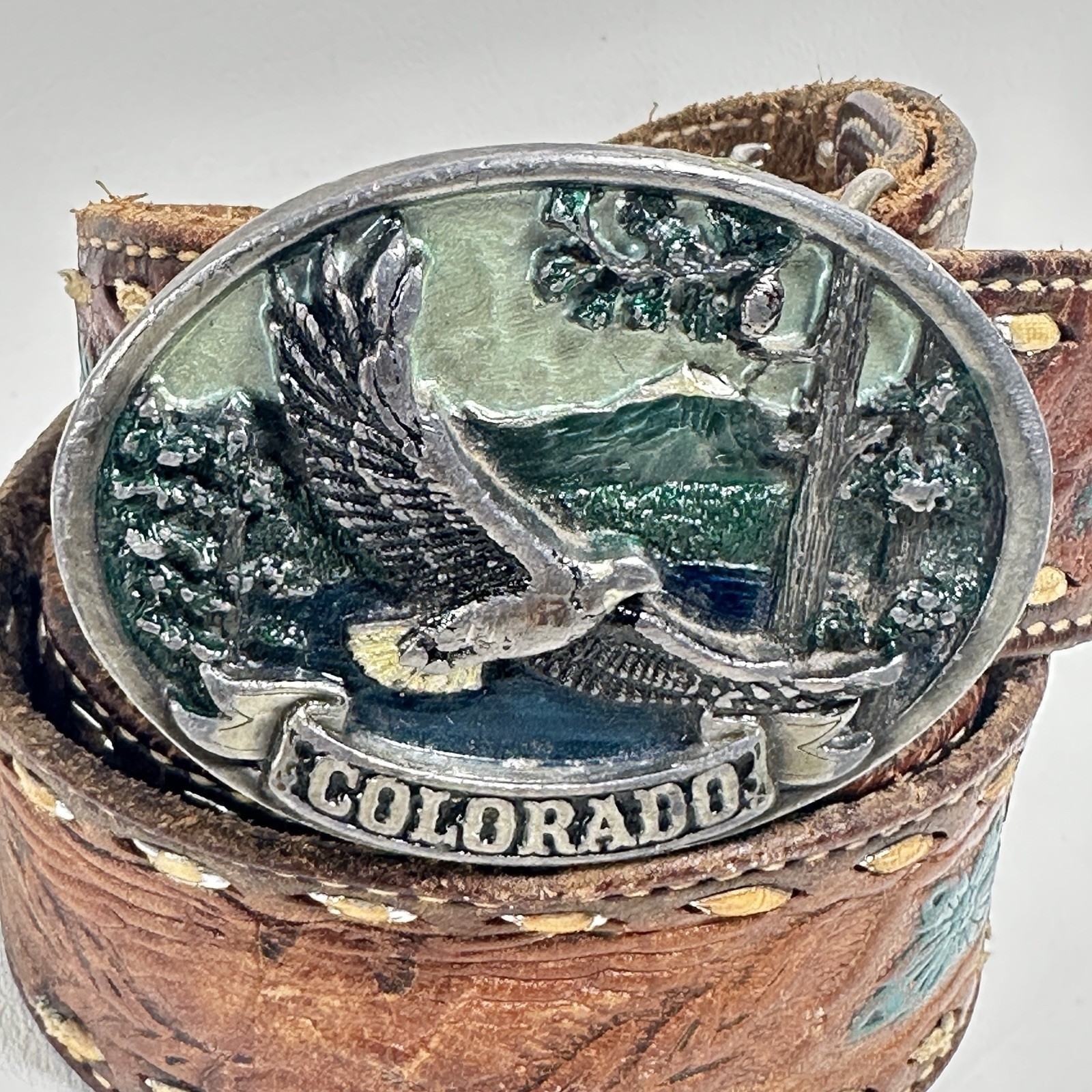 Vintage C & J Inc Colorado Eagle Belt Buckle and Strap 1986 Pewter USA