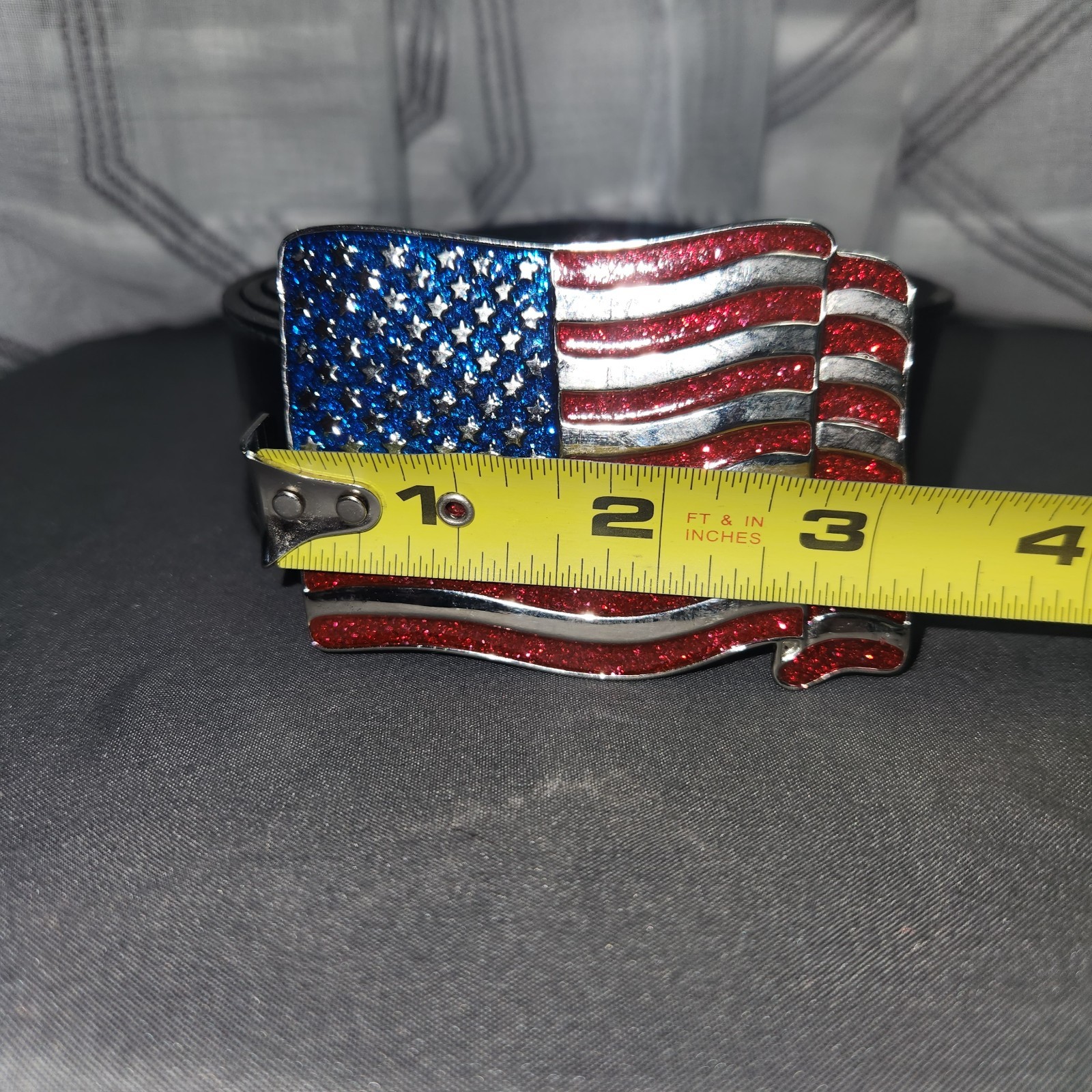 American Flag Belt Buckle Mens Black Leather Strap Patriotic USA Red White Blue