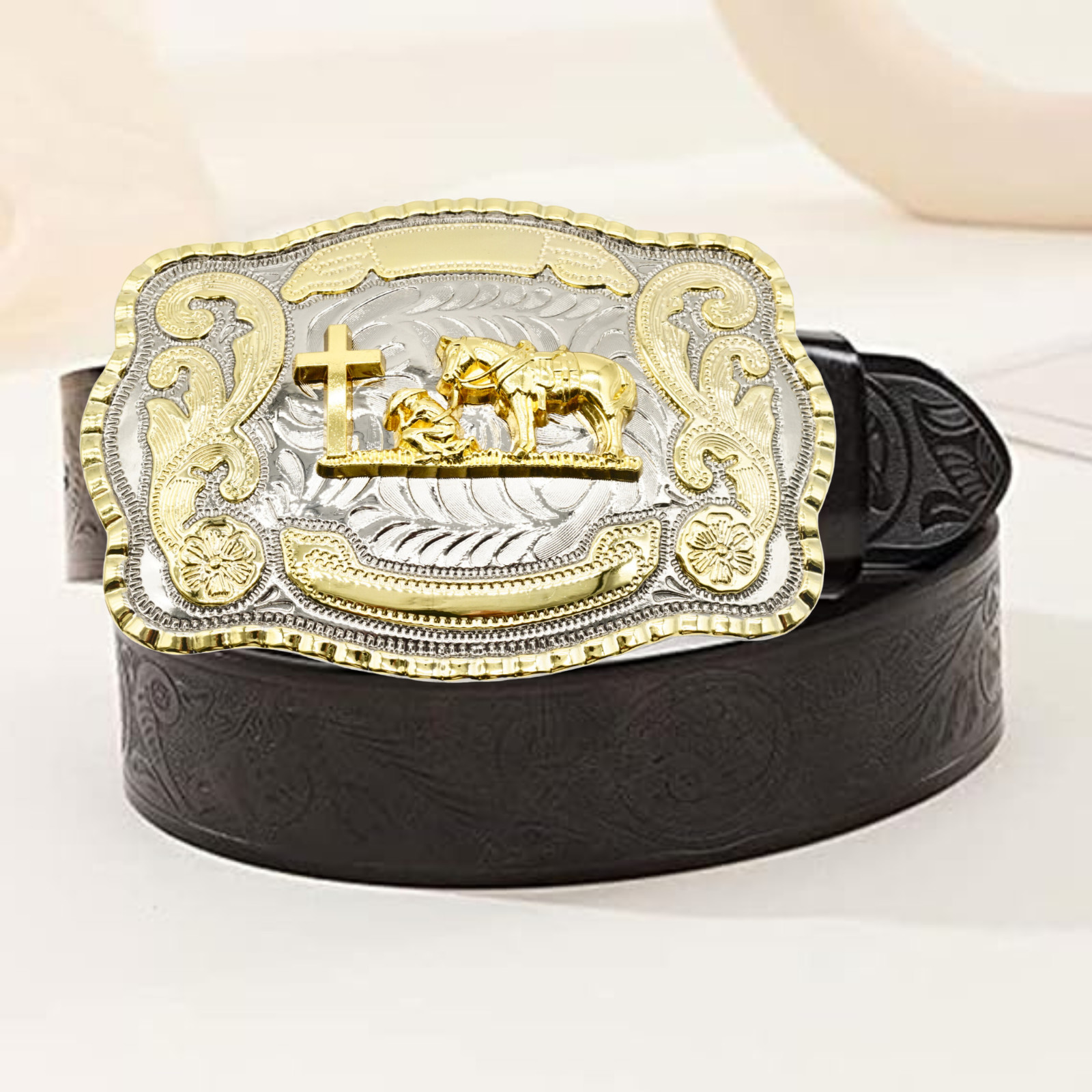 WESTERN PRAYING COWBOY RODEO FAITH CROSS LONG GOLD SHINY BELT BUCKLE US SELLER