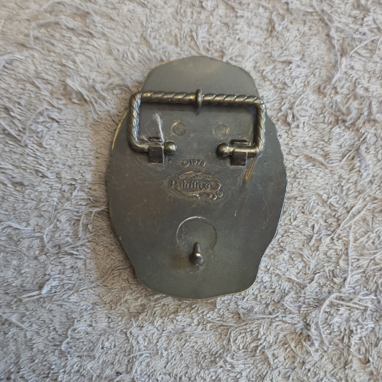 Paintree Vintage 1978 Western Cowboy Oval Gold Tone Belt Buckle Blue Green