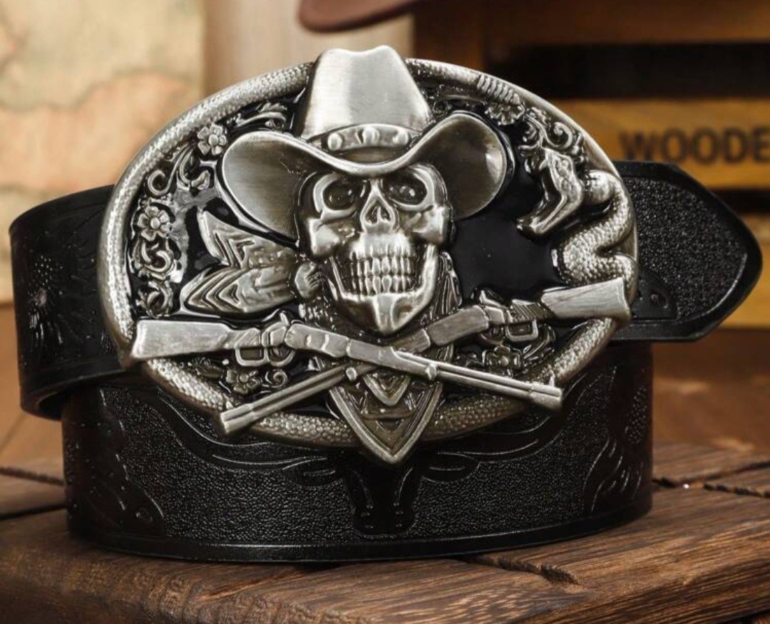 New Cowboy skull outlaw western Oval Silver Black Belt Buckle