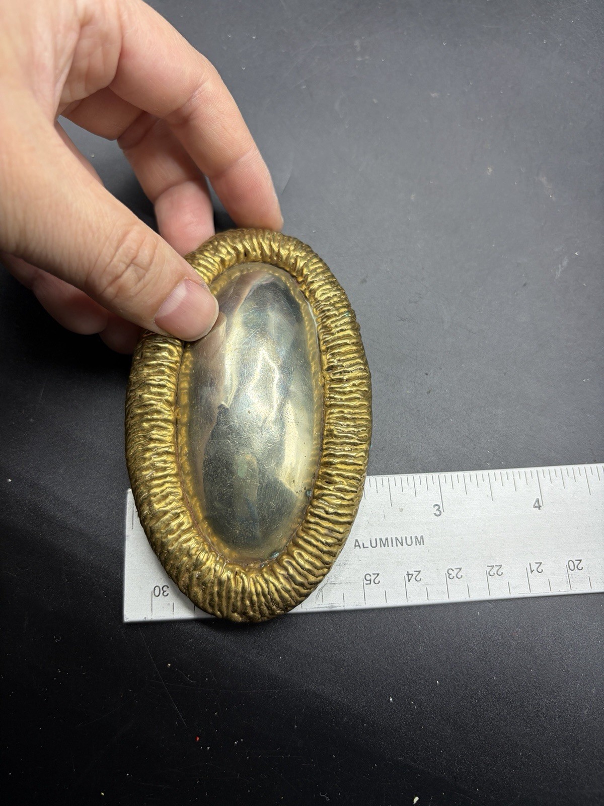 Vintage Two Tone Brass Silver Oval Belt Buckle Modernist Brutalist Western 4”L