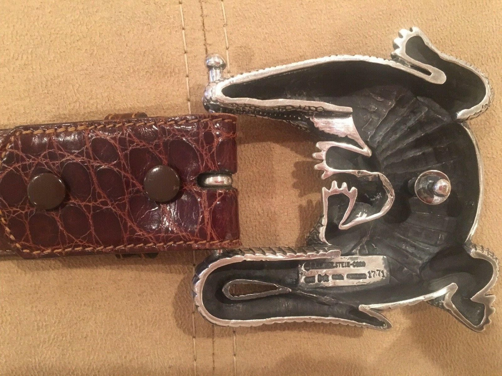 Huge Kieselstein-Cord Sterling Alligator Buckle With Brown Alligator Belt Size 2