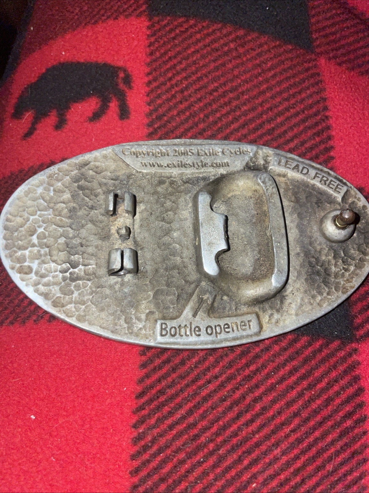2005 EXILE CYCLES Black Metal Belt Buckle And Bottle Opener 4”
