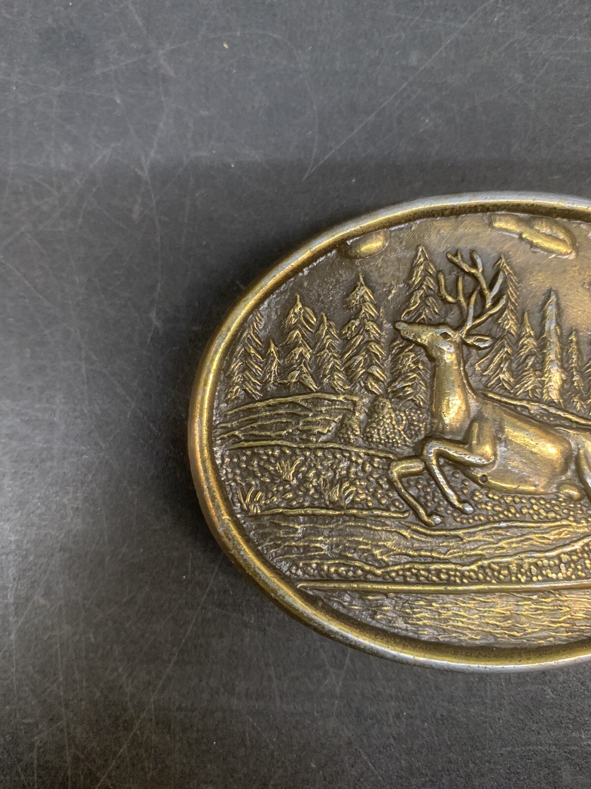 Brass Oval Belt Buckle Hunting Jumping Deer Forest