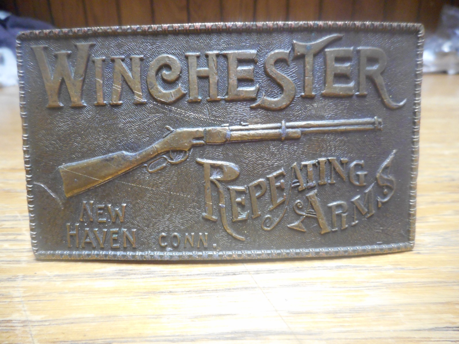 Vintage Brass Belt Buckle Winchester Repeating Arms Western New Haven Conn USA