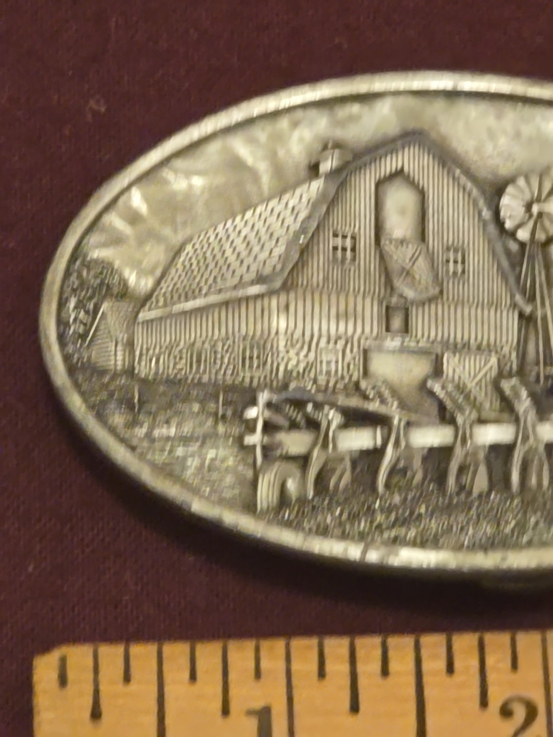 VTG Belt Buckle BARN 1984 Bergamot Brass Works Pewter Farming T 149 Made in USA
