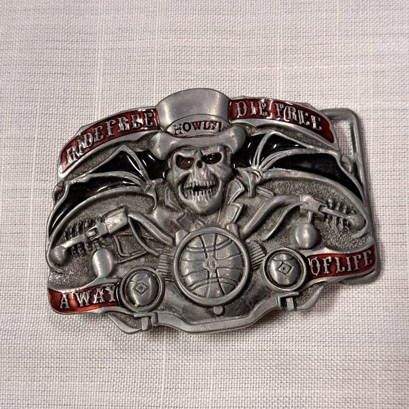 Biker Motorcycle Belt Buckle Howdy Skull Ride Free 3in