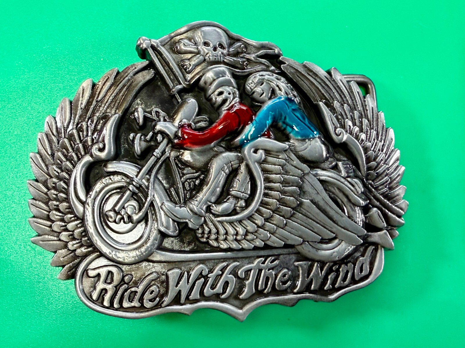 Ride With The Wind Wings Skull Flag Motorcycle Bikers Riders Cutout Belt Buckle