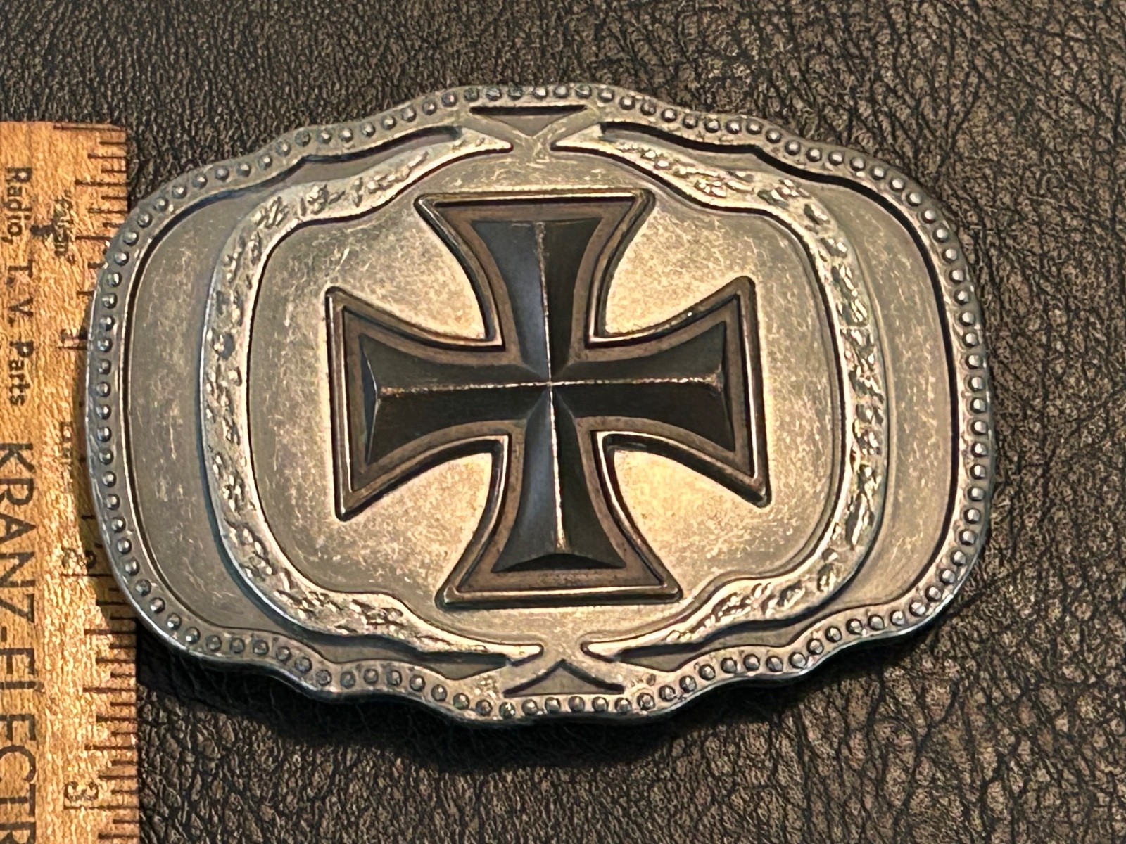 Iron Cross belt buckle, Maltese style symbol with dark enameled finish