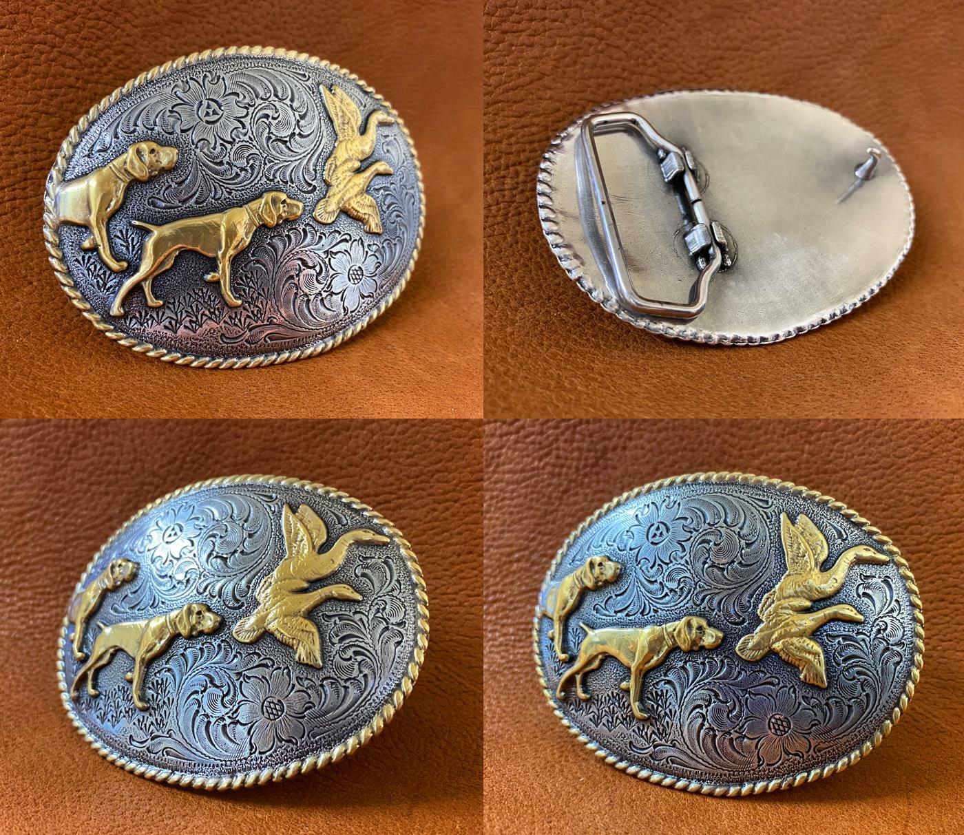 Dogs and Birds Hunting Trophy Western Style Silver and Gold Plate Belt Buckle