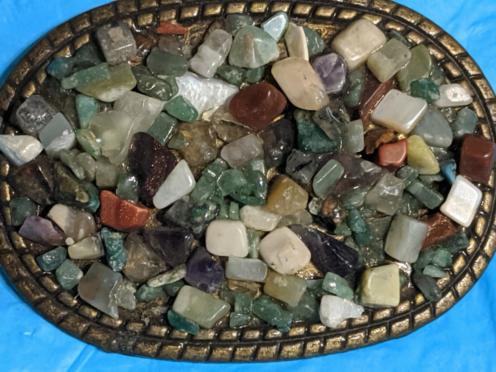 Vtg 1970&rsquo;s Brass Rope Oval Belt Buckle With Semi Precious Stones