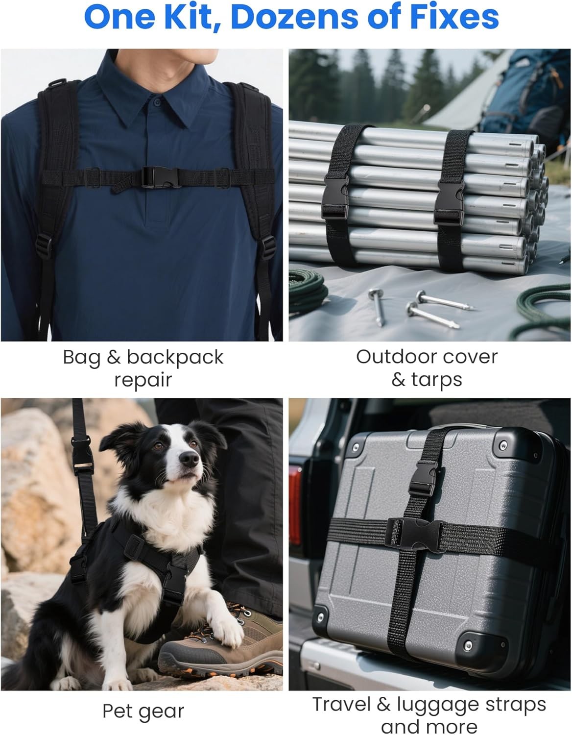 Buckle & Strap Kit 6 Yards 1&Prime; Polyester Webbing 6 Quick Release Buckles 12 Clips