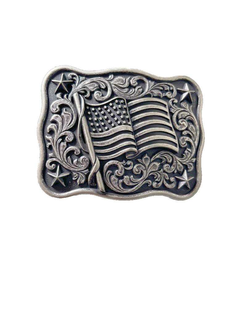 Nocona Mens Belt Buckle 3.75 x 3 in US Flag Star Western Matte Black Silver 1.5