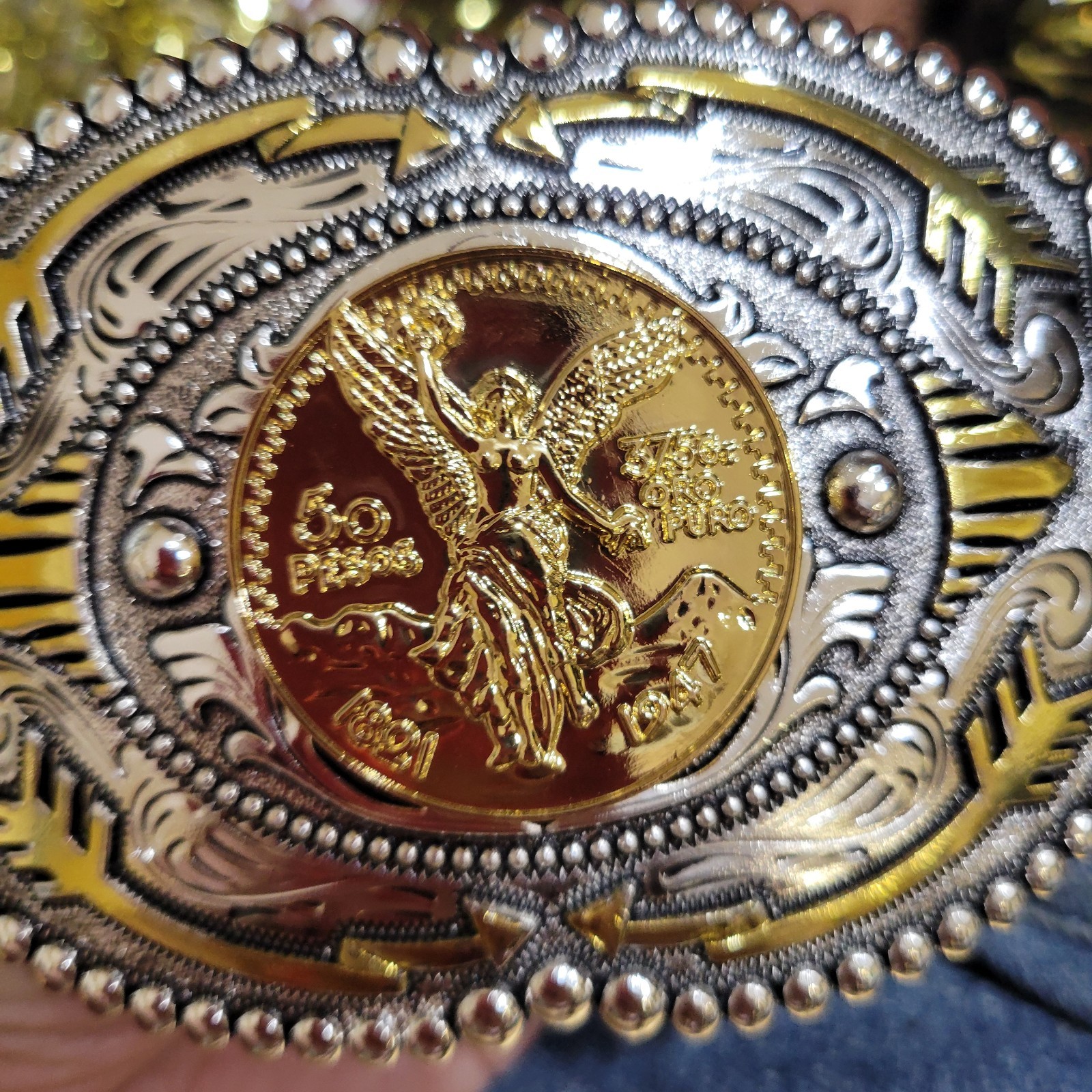 Centenario Cowboy Belt Buckle Western Hebilla Silver Gold Faux Mexican Peso