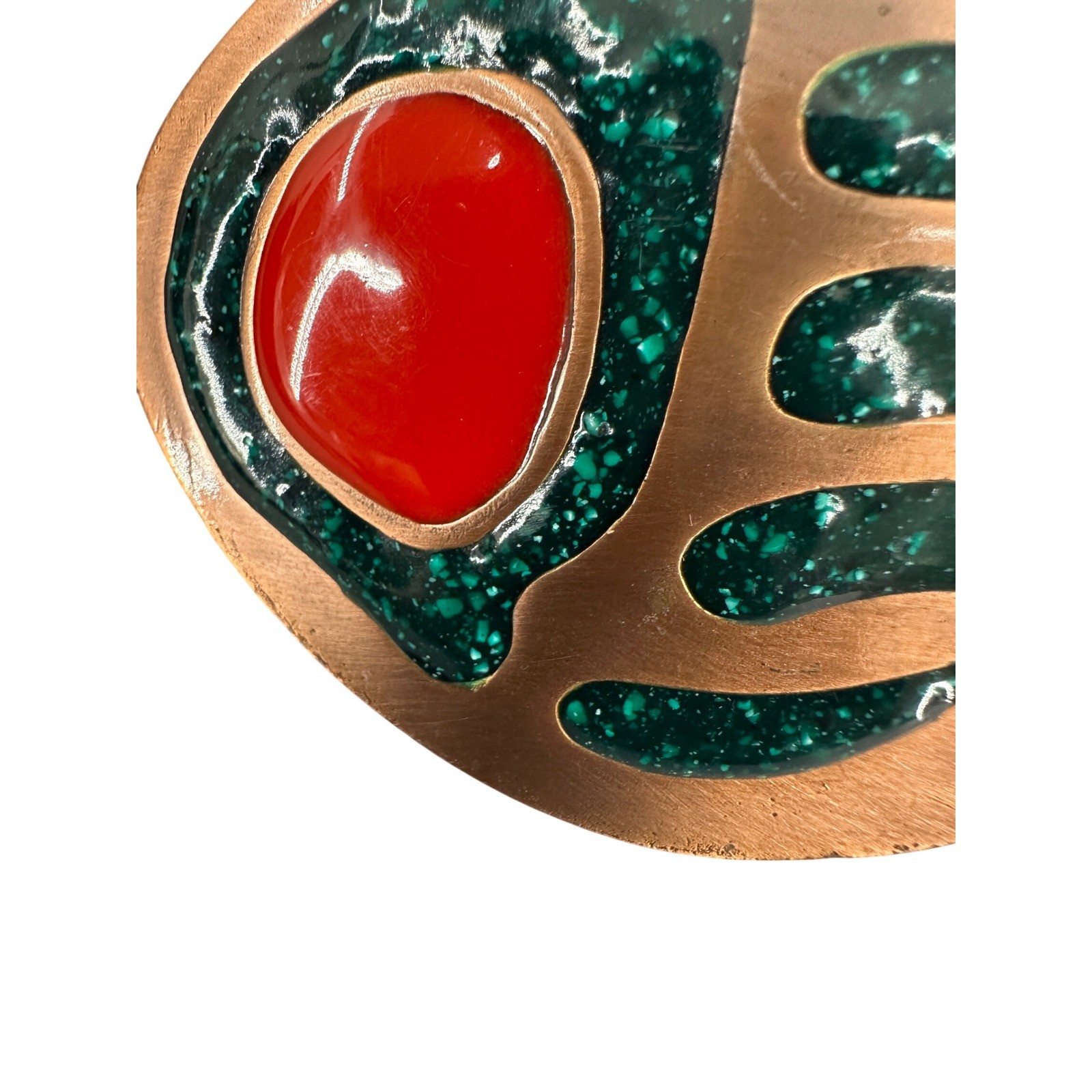 Vtg 1992 C+J Inc Bear Paw Belt Buckle Green Inlay Red Stone CJ1581 USA Bronze