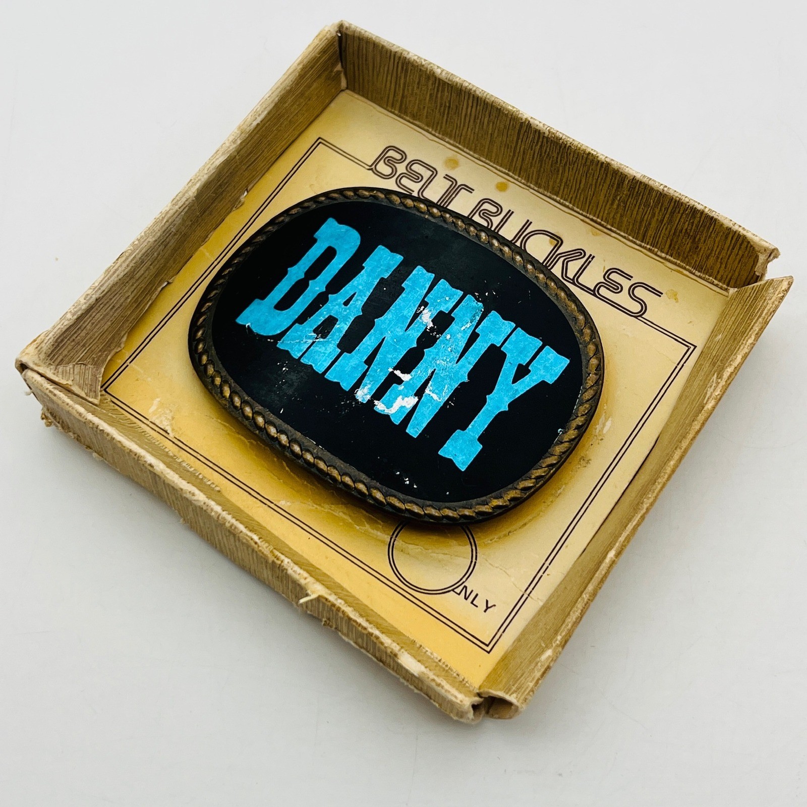 Vintage Danny Name Belt Buckle Blue Western Font Black Oval Rope Border Boxed