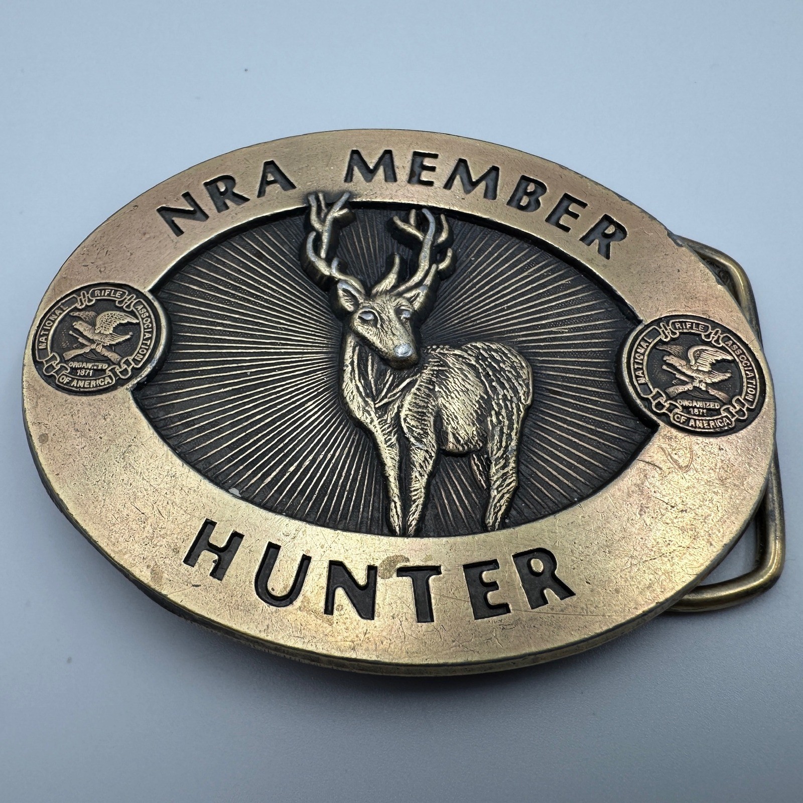 Vintage NRA Member Hunter Belt Buckle Brass Tone Deer Buck Wildlife Logo Oval