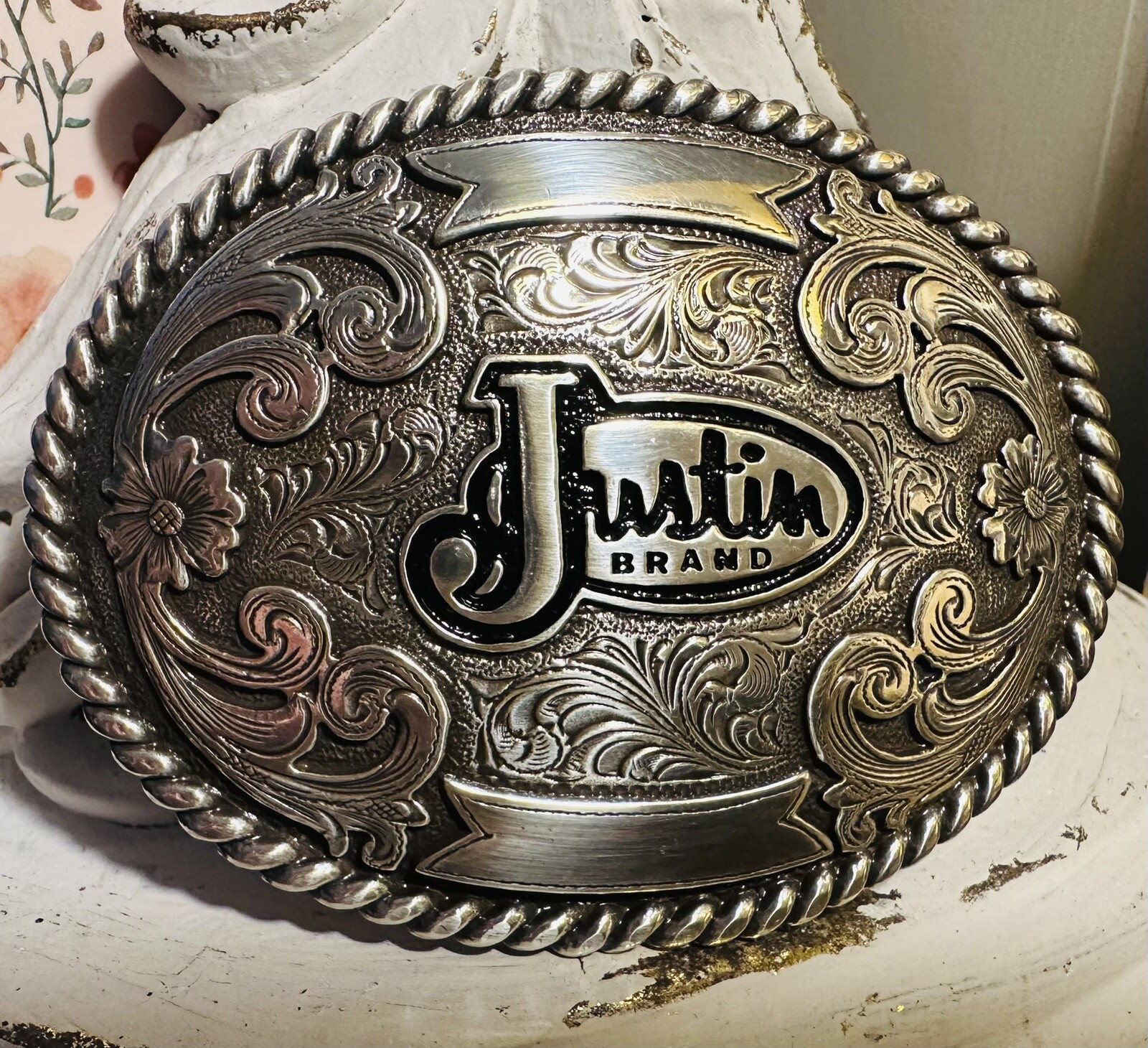 JUSTIN Boots Promo Silver Belt Buckle Western Scroll Work Cowboy Rodeo Oval