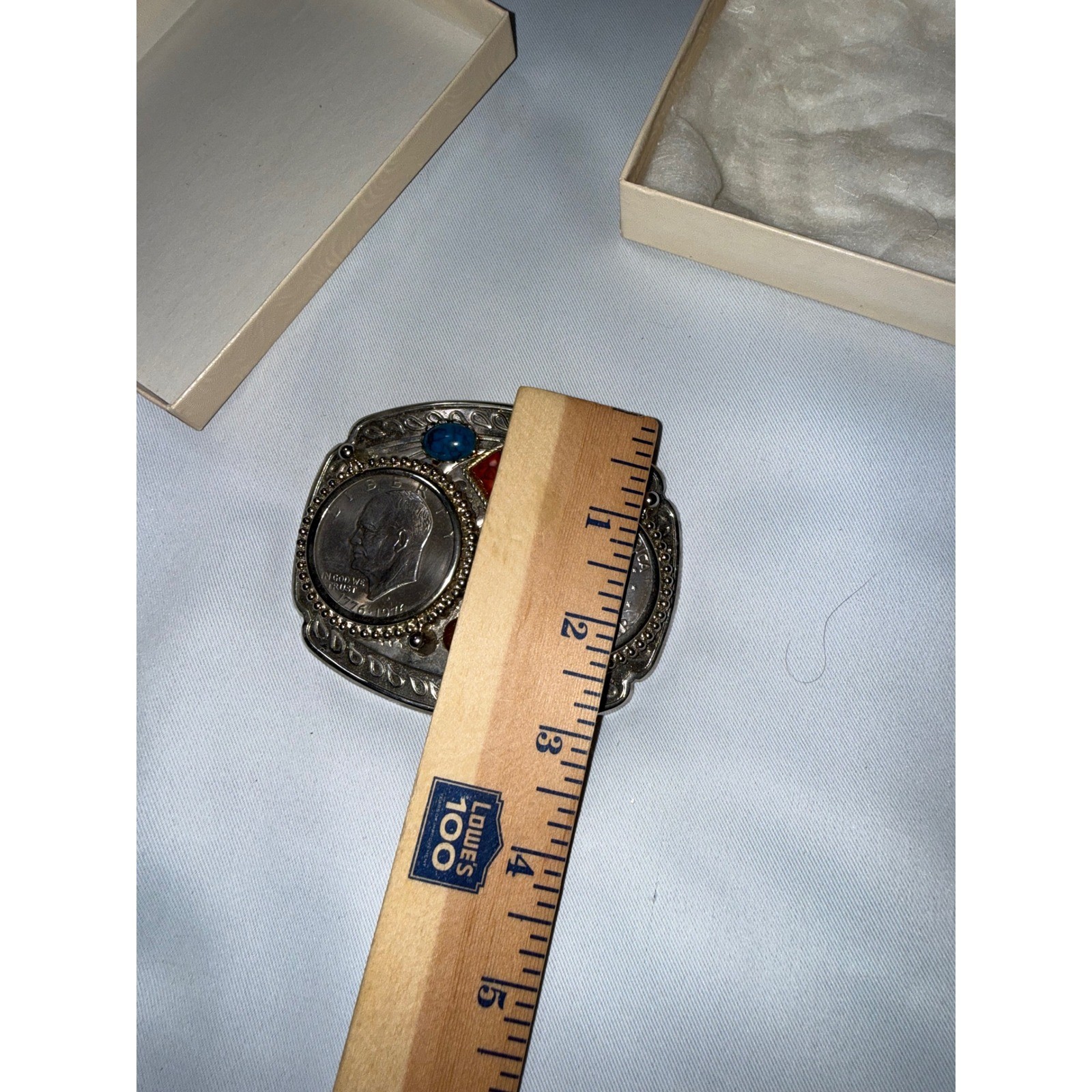 Vintage Bicentennial Eisenhower Silver Dollar Belt Buckle Turquoise Coral Stone