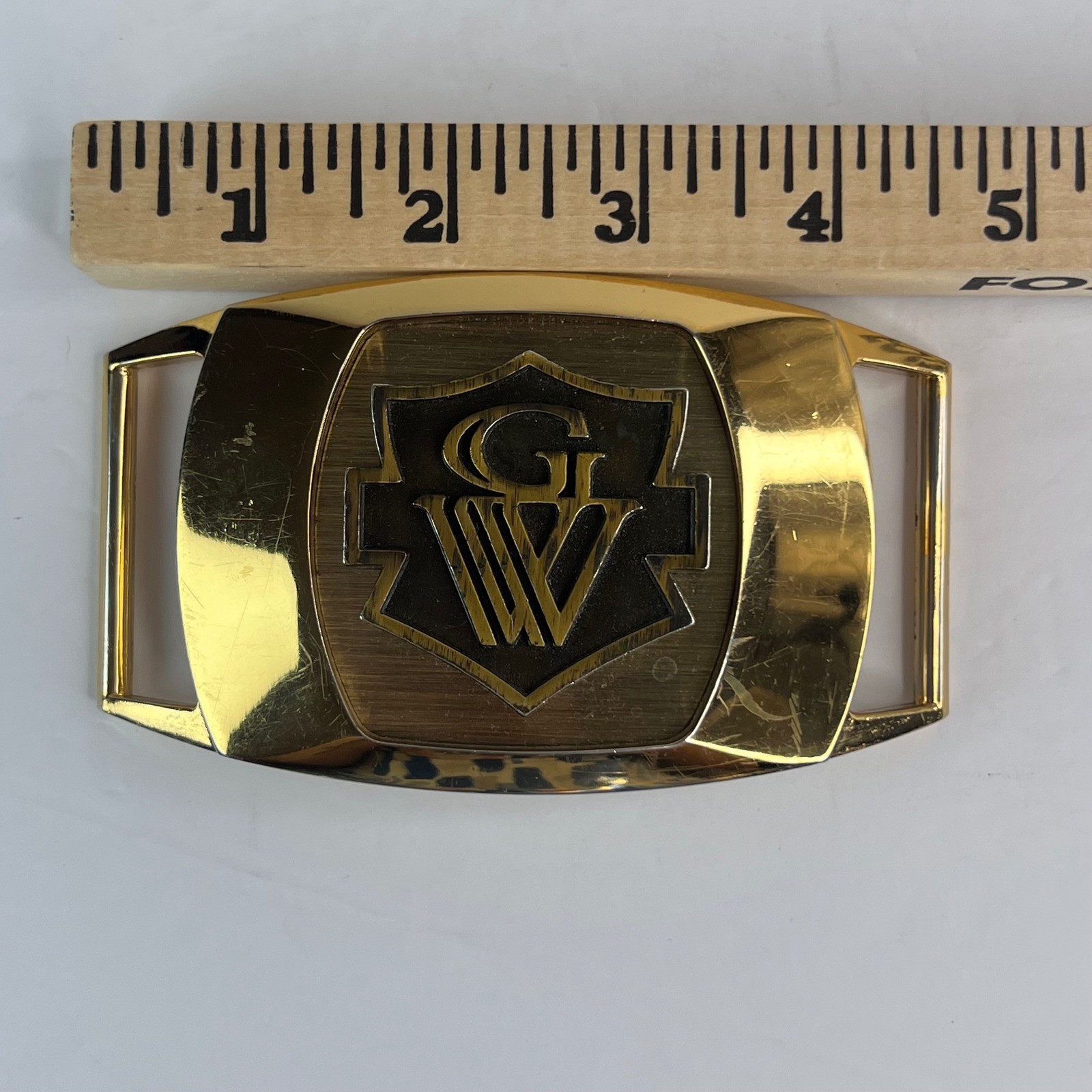 Vintage Great Western GW Monogram Shield Belt Buckle Gold Tone Metal Rectangle