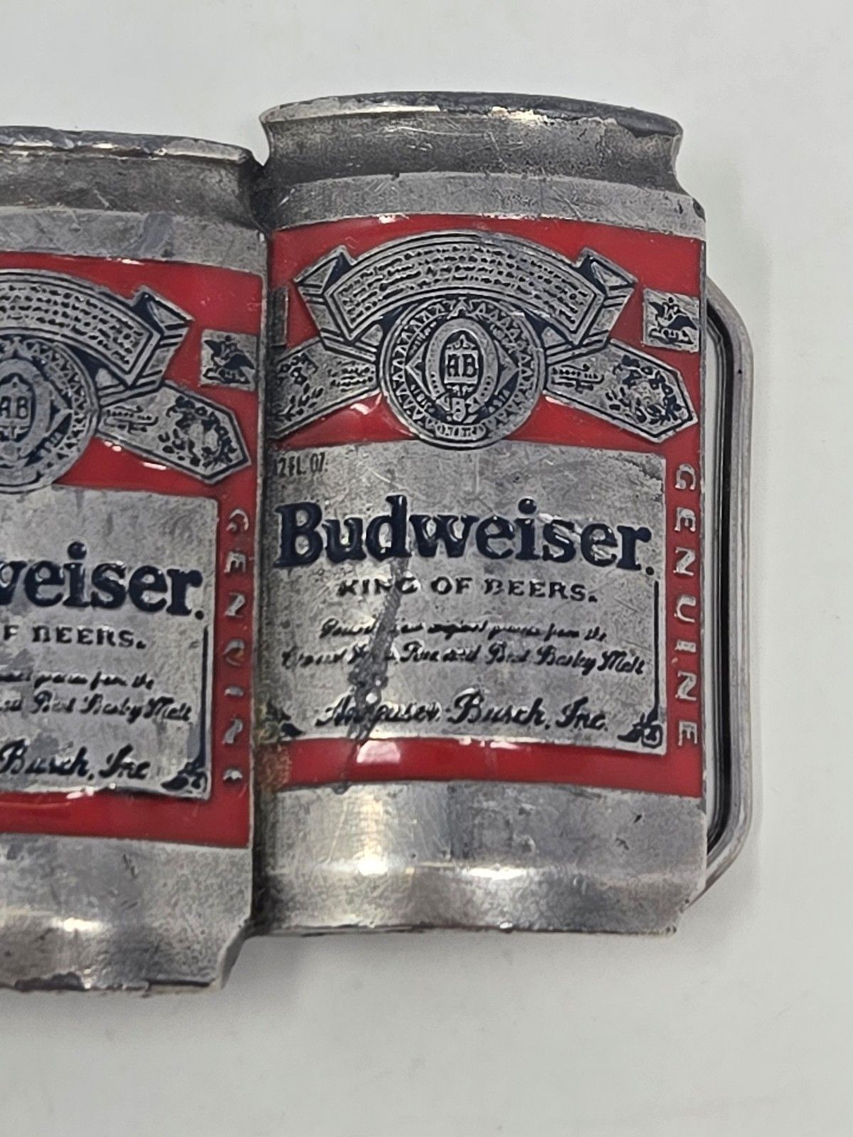 BUDWEISER ANHEUSER-BUSCH VINTAGE METAL BELT BUCKLE BEER CANS PEWTER RED MENS OS