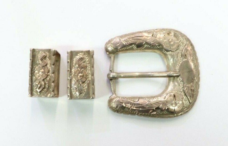 Hecho En Mexico Belt Buckle Set Sterling Silver 925 Flowers Glam fits 20mm Belt