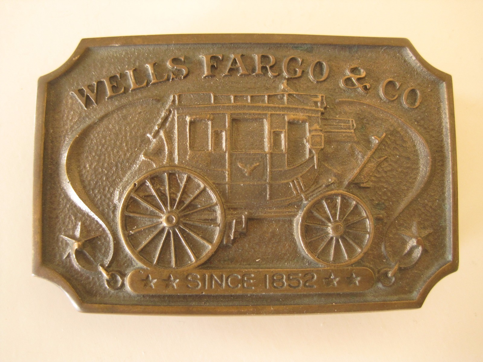 Vtg 1973 Authorized Wells Fargo & Co 1852 Solid Brass Belt Buckle Stage Coach