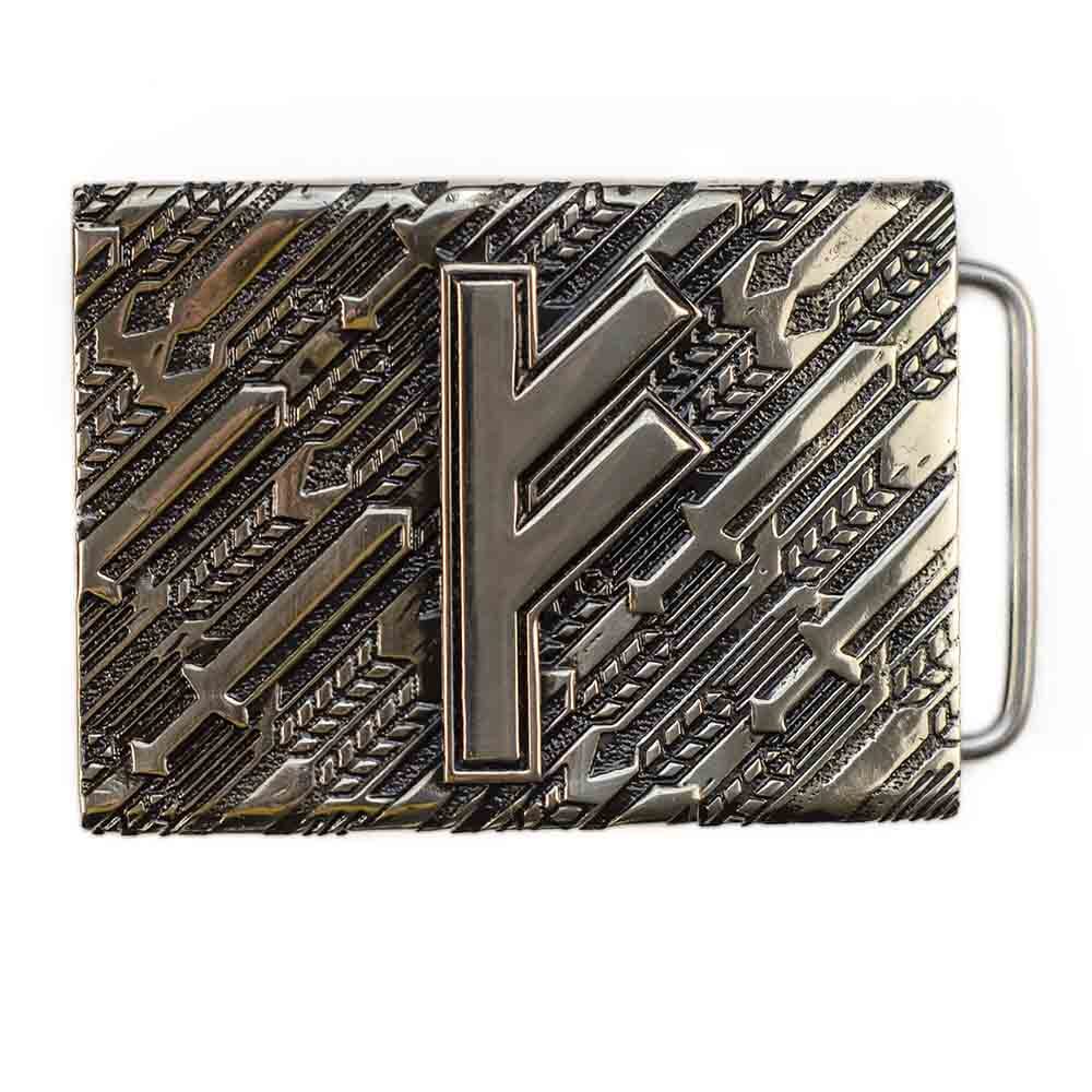Fehu runic german silver belt buckle, Feoh Wealth Rune Old Norse Scandinavian