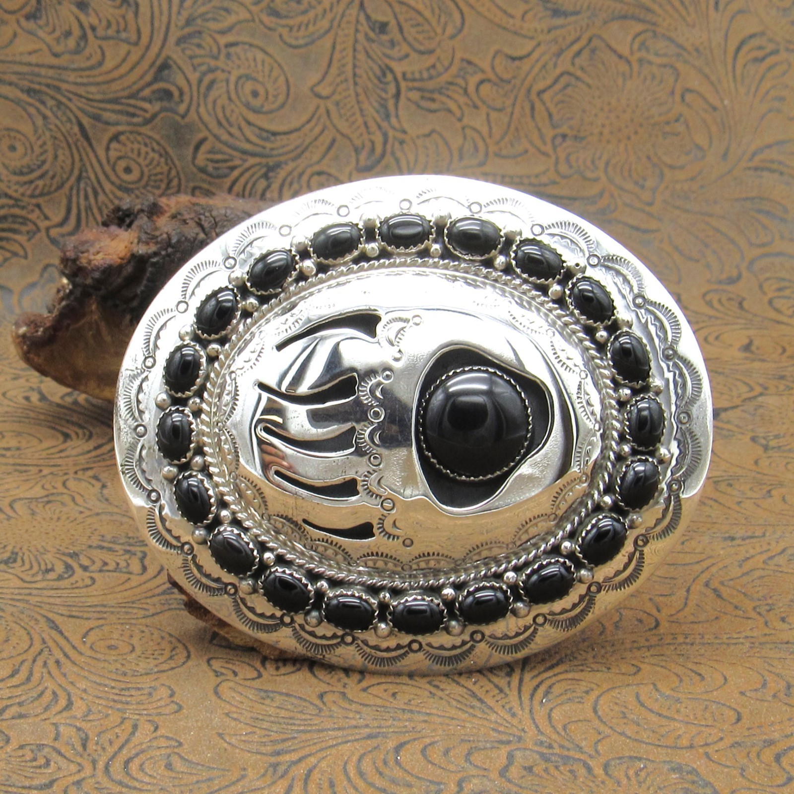 *Navajo Black Onyx Sterling Silver Bear Paw Design Large Belt Buckle