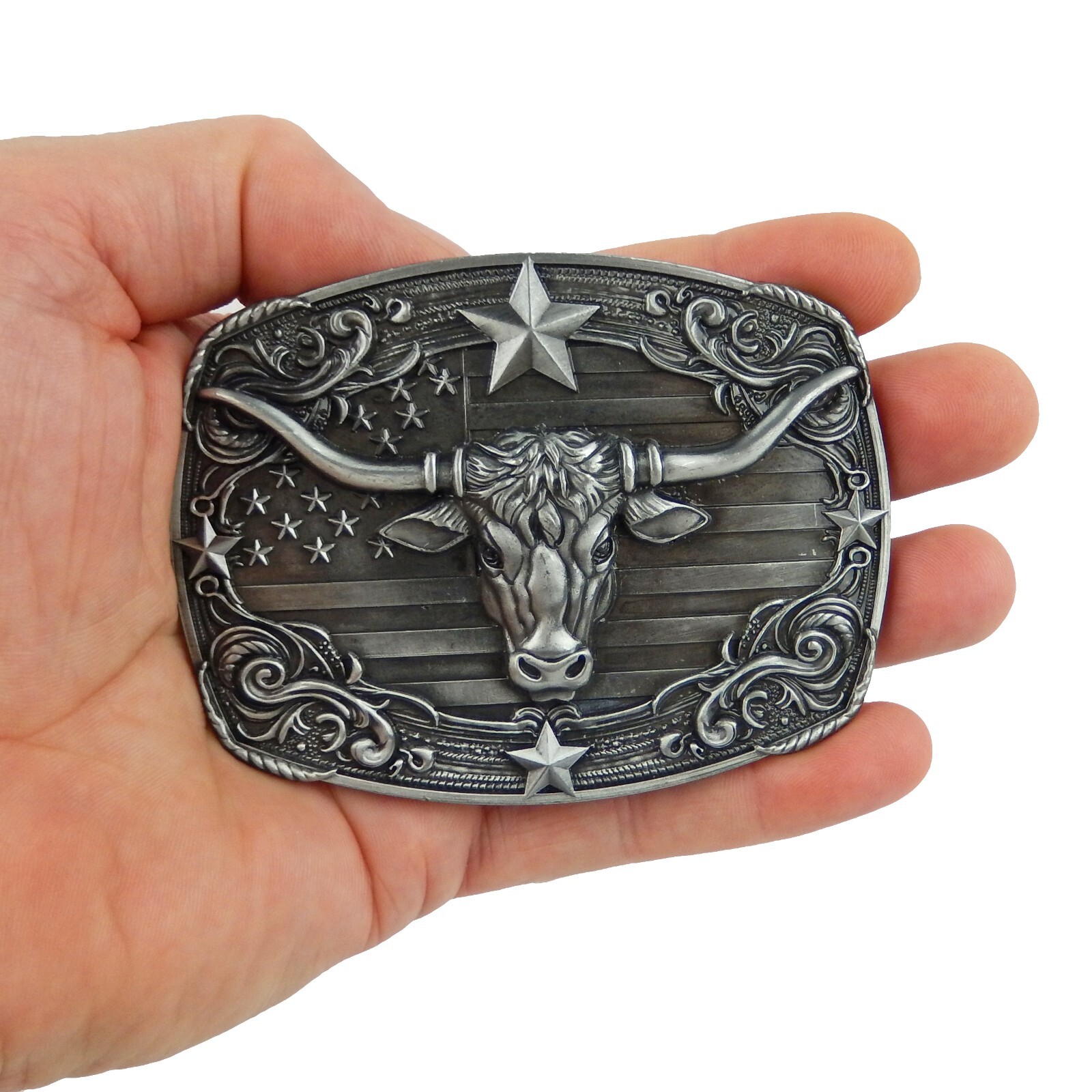 American Flag Longhorn Steer Star Belt Buckle Antique Silver Fits 1.5 inch Belts