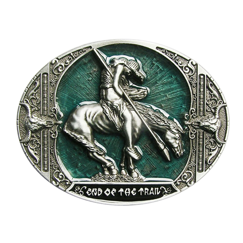 End of Trail American Indian on Horse Western Green Enamel Belt Buckle