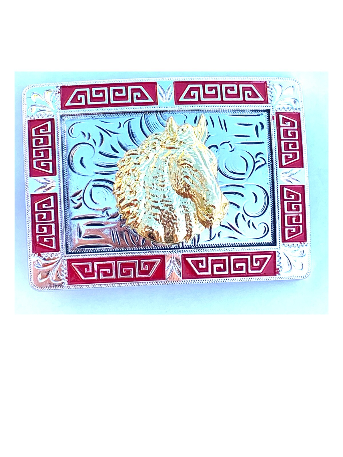 Western Red Buckle Gold Silver Horse Head Cowboy 2 »Buckle Hebilla Vaquero