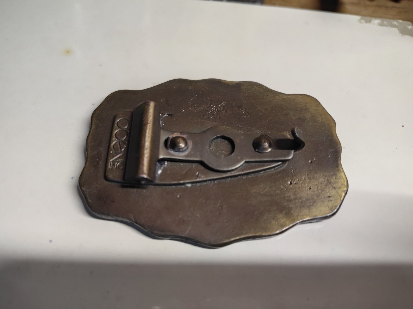 Vintage 1970s Belt Buckle Marked Alan by Oden Western Style Scalloped Edge Brass