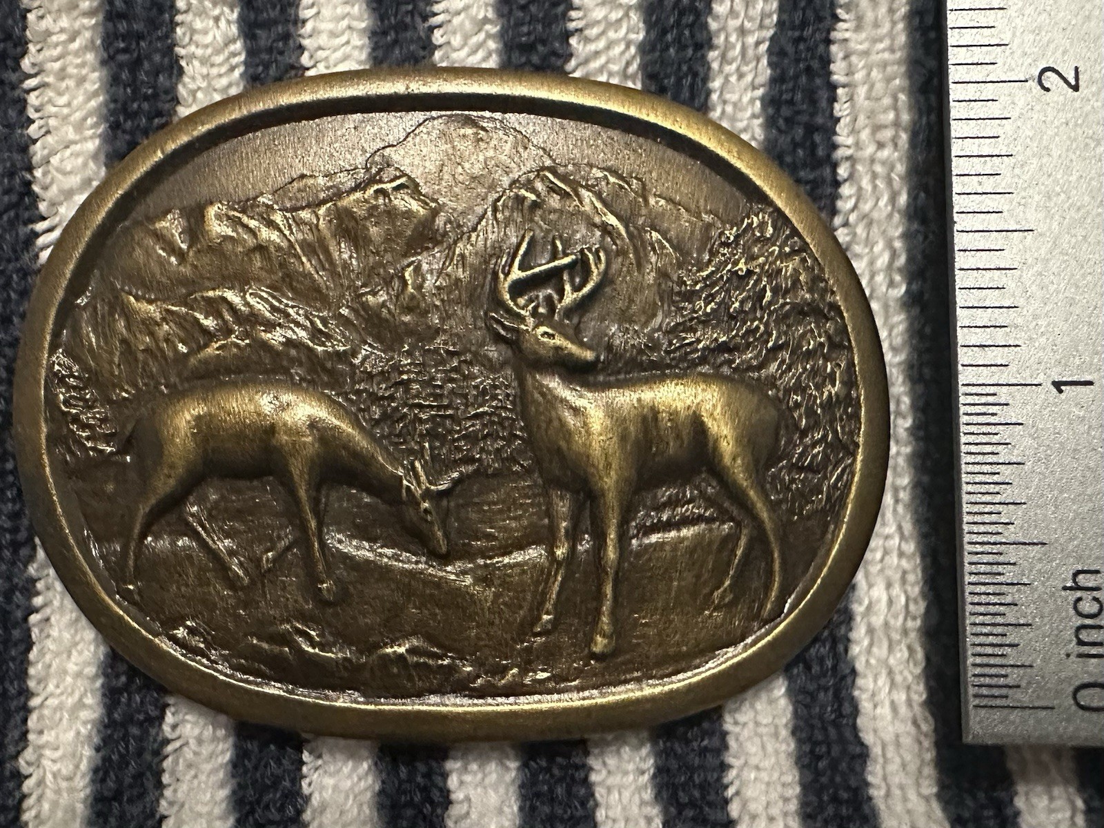 Indiana Metal Craft Oval Western Deer Mountain Scene Belt Buckle Bronze E-357