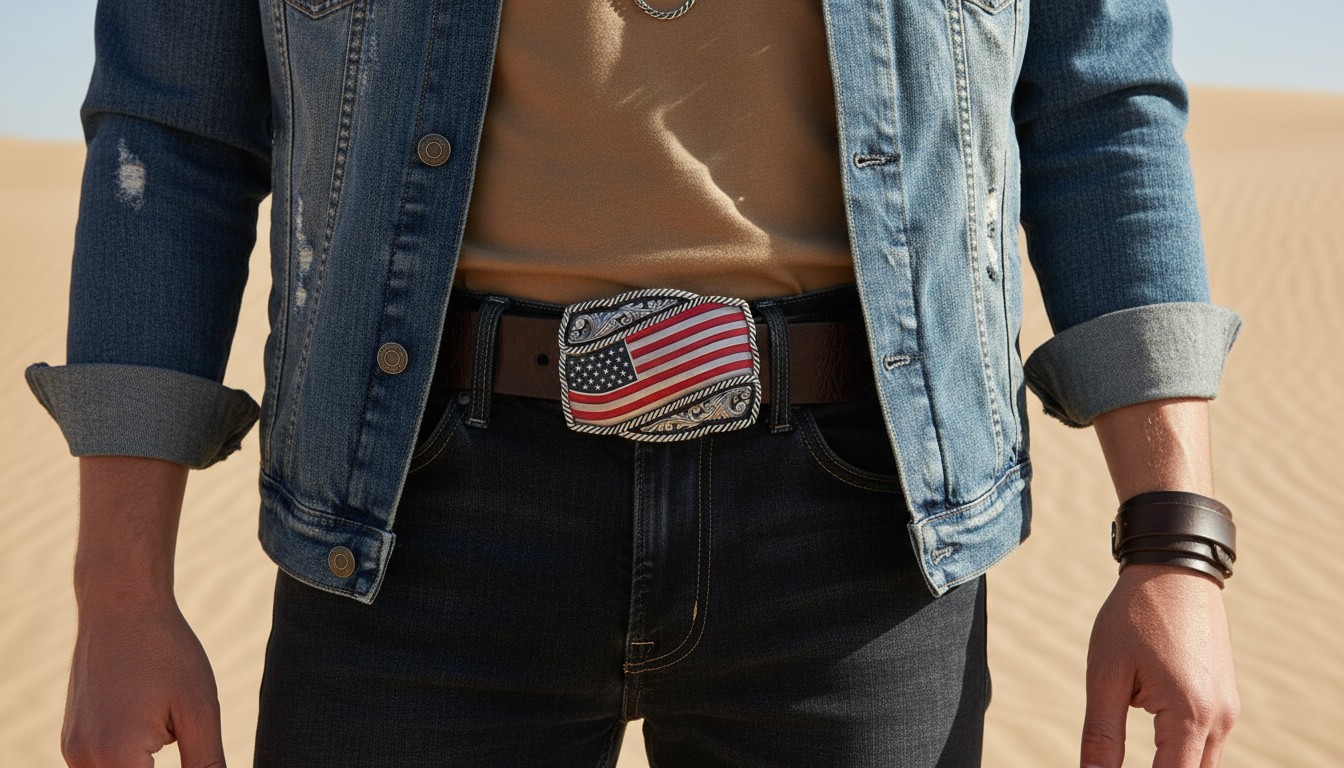Men Silver Metal Belt Buckle Western Fashion USA Flag United States Of America