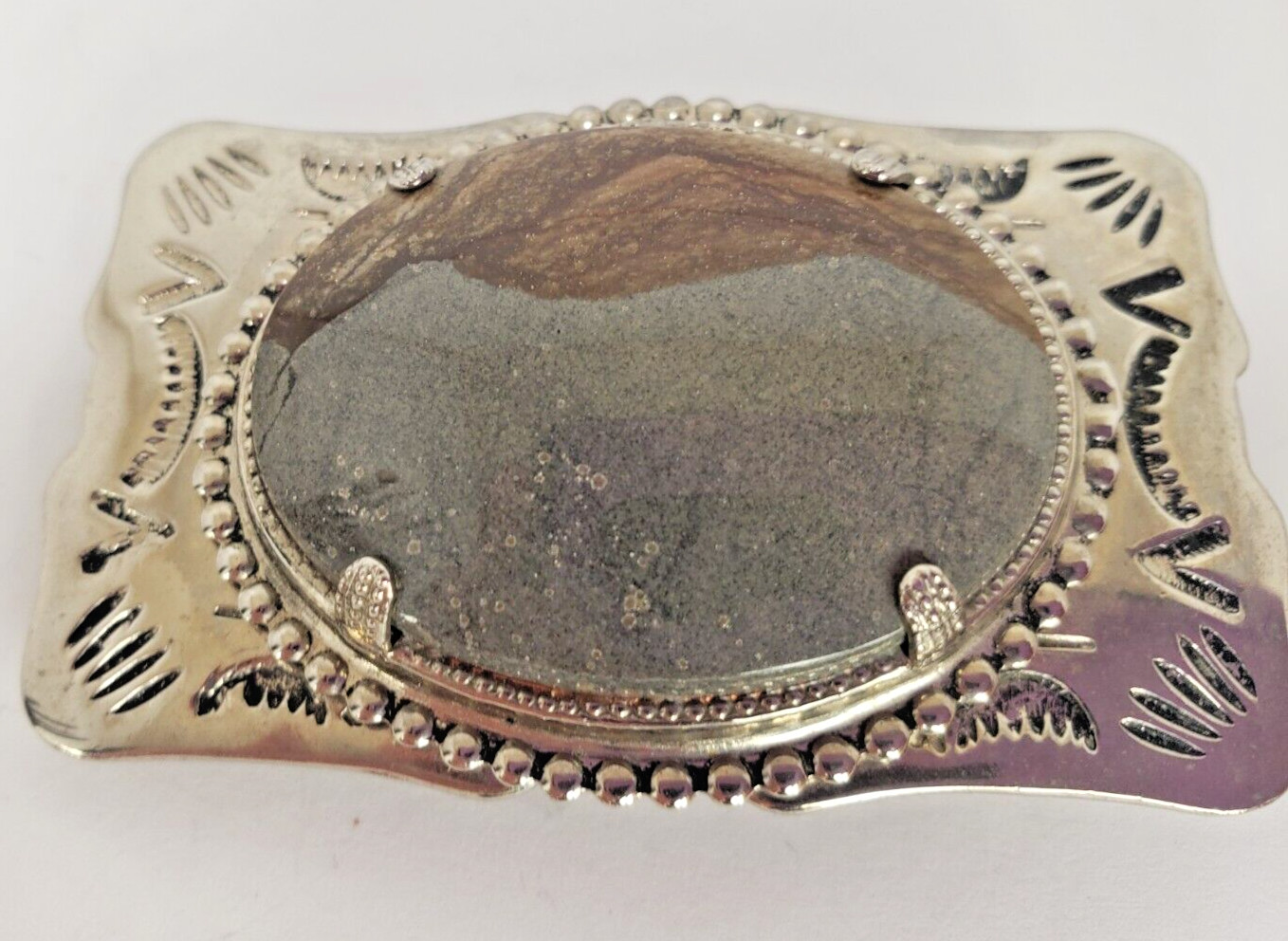 Southwestern Silver Tone Etched Picture Jasper Belt Buckle