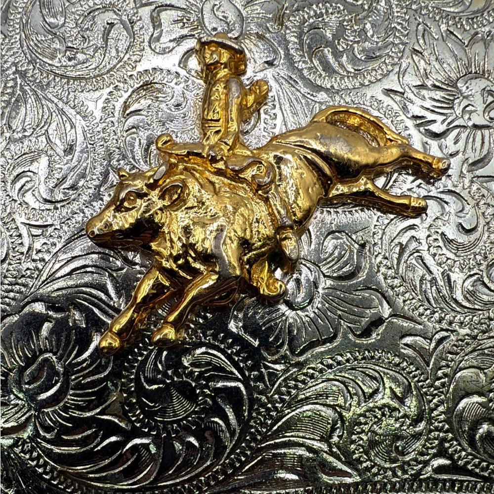 Vintage Silver Tone Plated Belt Buckle Bull Riding Western Cowboy